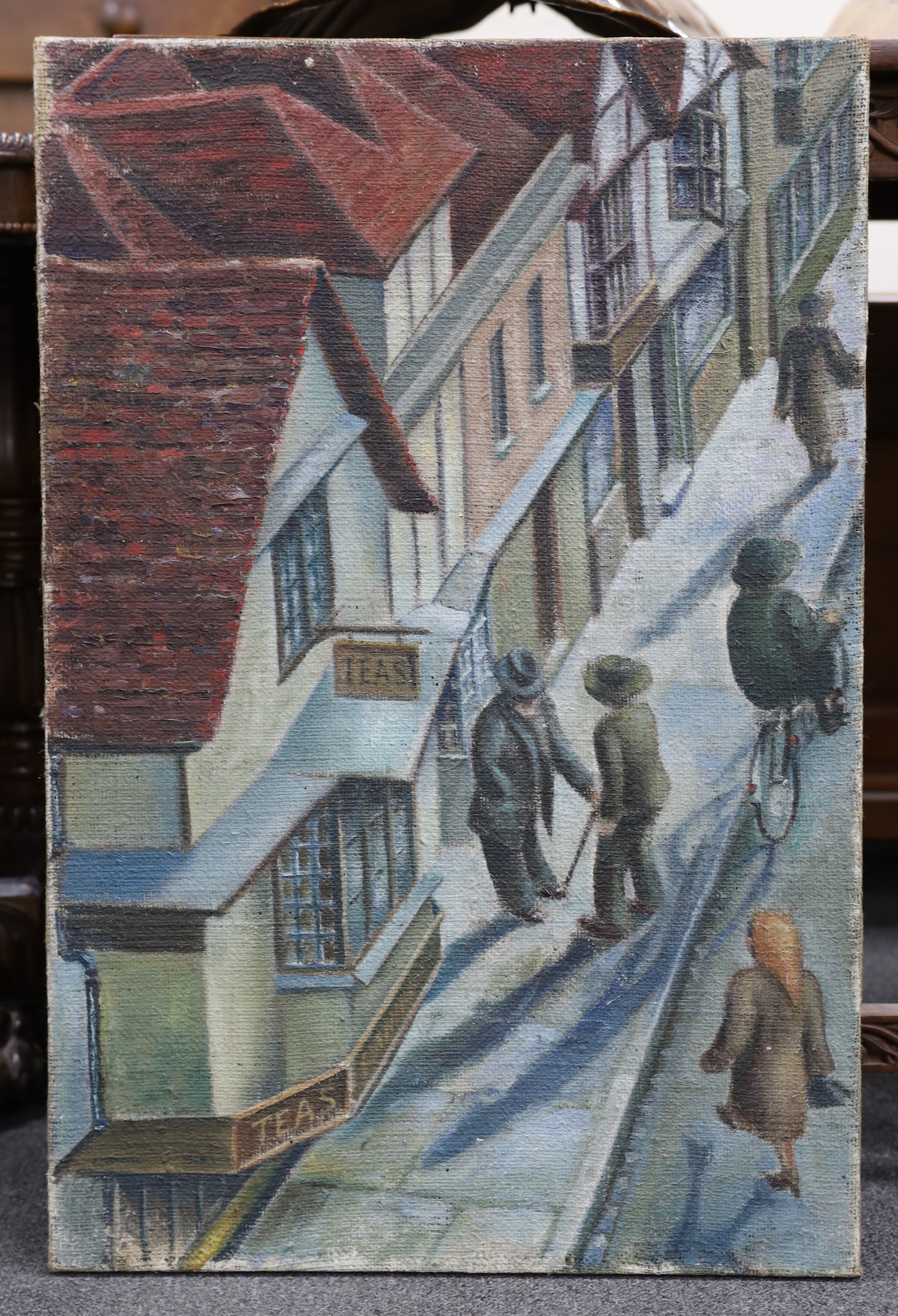 John Blundell (20th. C) oil on canvas, street scene with figures, signed and dated 1948, 76cm x 51cm, unframed